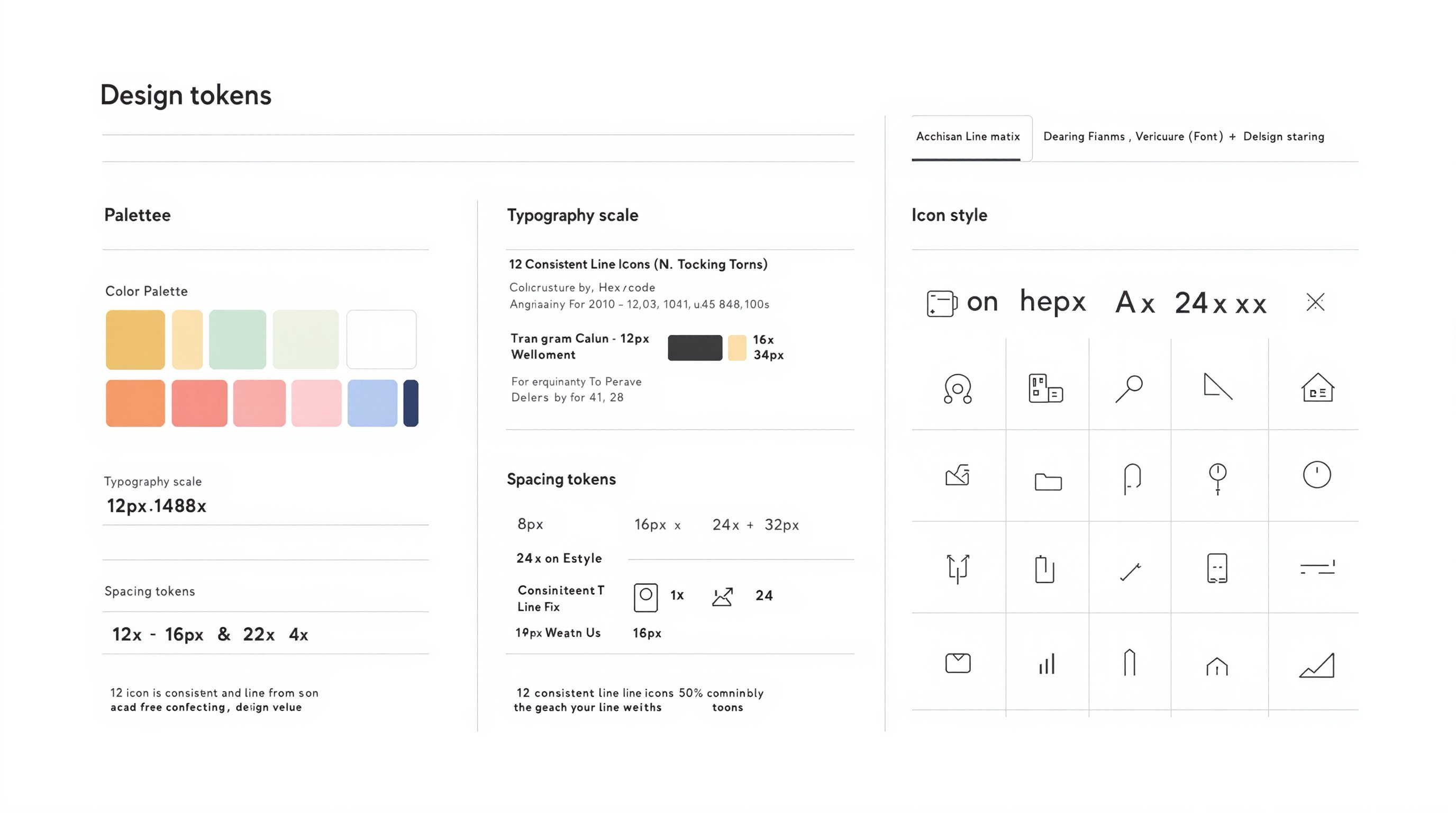 Design system tokens card showing color palette, typography scale, and icon styles