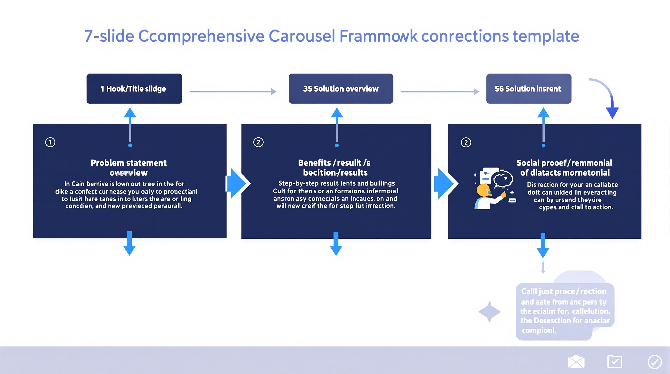 Instagram carousel framework showing 7-slide structure with hook, insights, and CTA